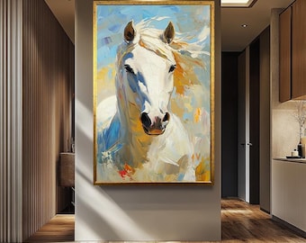 White Horse Oil Painting on Canvas - Elegant Animal Portrait Art for Horse Lovers - Textured Brushstroke Equestrian Wall Decor Gift