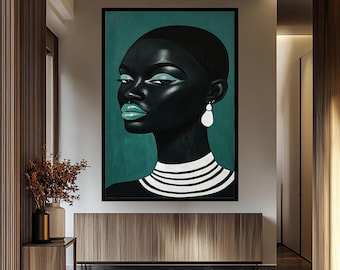 Retrato minimalista de mujer africana en blanco y negro y verde azulado. Arte mural moderno. Elegante obra de arte afrocéntrica en lienzo para decoración del hogar.