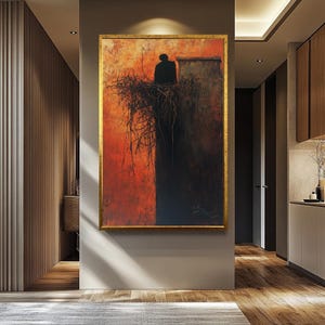 Stampa su tela con figura astratta in ombra scura, arte murale surreale e malinconica con silhouette nera e sfondo arancione acceso per interni moderni.
