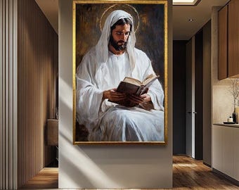 Jesus Reading Bible Wall Art | Christian Religious Canvas Painting | Jesus Portrait Wall Art | Christian Canvas Painting for Home Decor