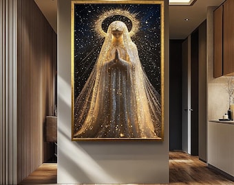 Virgin Mary Wall Art | Mother Mary with Starry Halo | Religious Home Decor | Spiritual Religious Canvas for Home or Prayer Space