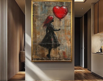 Banksy-Inspired Girl with Heart Balloon Wall Art - Urban Graffiti Style Canvas - Modern Street Art Decor for Home or Office