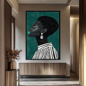 Minimalist Afro Art Print: Black and White Portrait with Teal Lips