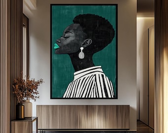 Minimalist Afro Art Print: Black and White Portrait with Teal Lips