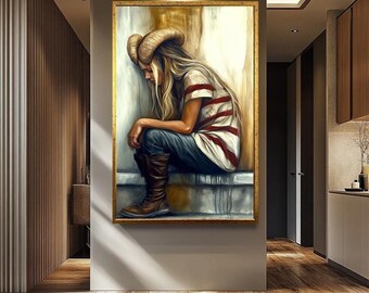 Surreal Woman Wall Art, Fantasy Female Portrait Print, Dark Aesthetic Painting, Mysterious Horned Girl Artwork, Edgy Gothic Home Decor