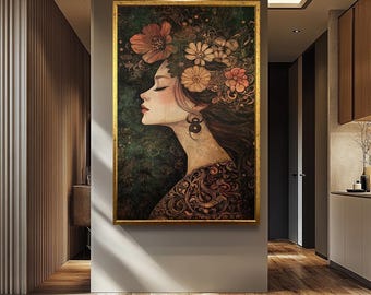 Impresión en lienzo de arte de pared con diseño floral de mujer, retrato bohemio de mujer con flores, elegante decoración femenina de estilo vintage para el hogar para el dormitorio.