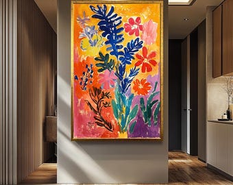 Colorful Floral Wall Art Print, Henri Matisse Style Abstract Painting, Bold Botanical Canvas Print, Vibrant Flower Artwork for Home Decor