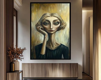 抽象的な女性のウォールアート、風変わりな女性の肖像画プリント、シュールな表現主義の絵画、気まぐれな現代アート作品、ユニークな室内装飾