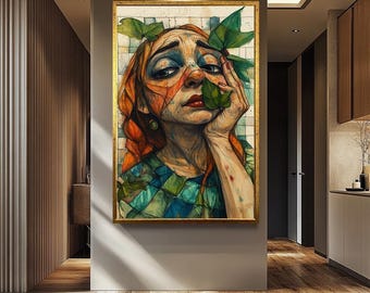 奇妙な女性のウォールアートプリント、シュールな女性の肖像画、気まぐれなファンタジーアートワーク、女性のウォールアート、抽象表現主義のキャンバス装飾