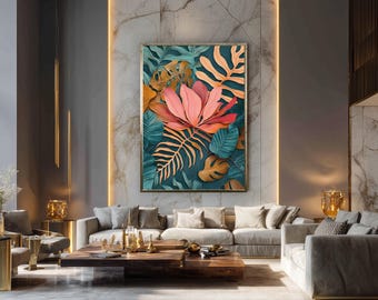 Tropical Canvas Wall Art with Pink Exotic Flower and Teal Orange Jungle Leaves for Bold Modern Boho or Nature Inspired Decor