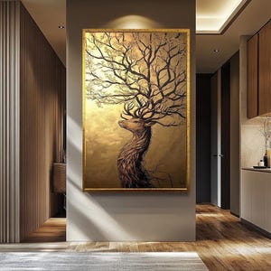 Golden Stag Tree Canvas Art: Abstract Wildlife Home Decor