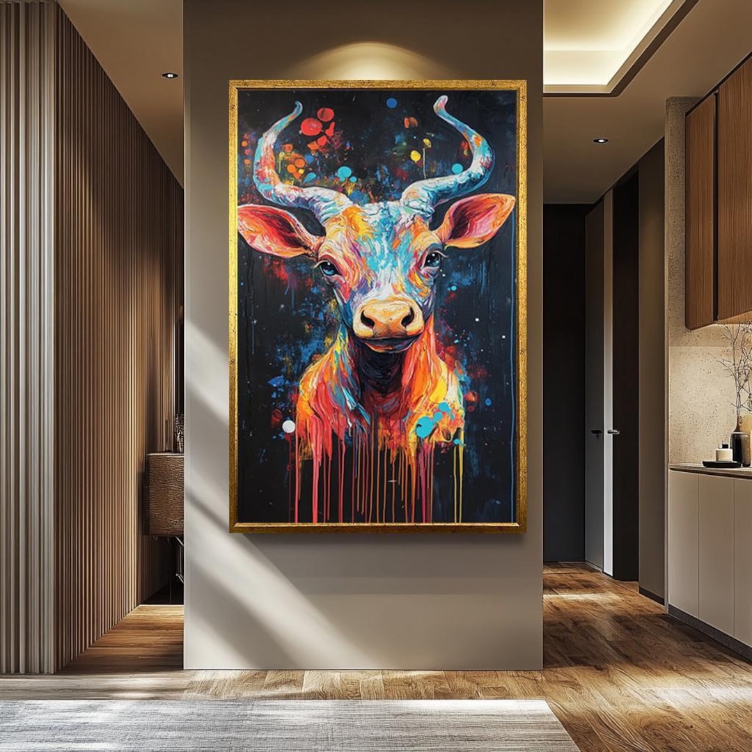 Colorful Bull Canvas Wall Art Abstract Animal Painting Modern Farmhouse ...