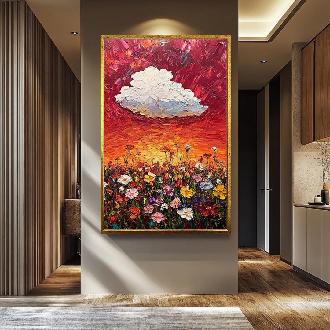 Sunset Wildflower Field Canvas Print, Impressionist Oil Painting Art ...