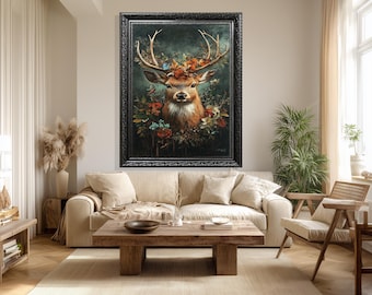 Majestic Deer Canvas Wall Art with Antlers Flowers and Butterflies Rustic Woodland Animal Nature Inspired Wildlife Home Decor
