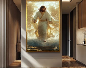 Jesus Walking on Water Canvas, Spiritual Wall Art with Divine Light, Modern Christian Decor, Faith-Inspired Artwork, Perfect Religious Gift