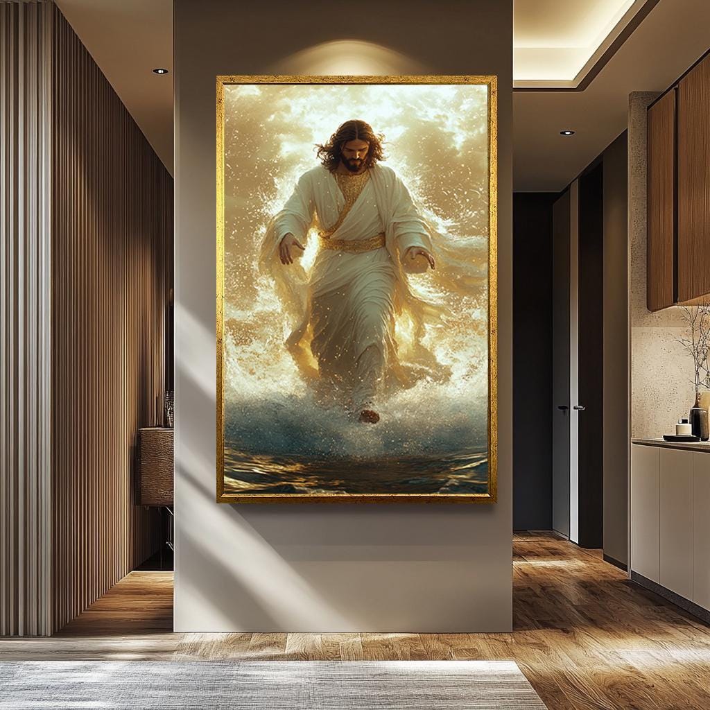 Jesus Walking on Water Canvas: Christian Spiritual Wall Art