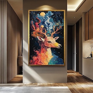 Deer canvas print Rustic wall art Deer painting print Farmhouse decor Deer Large canvas art Living room decor colorful deer wall art