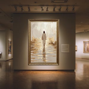 Jesus geht auf der Wasser Leinwand Wandkunst im goldenen Licht Minimalistische christliche Leinwand mit Spachteltextur für spirituelle Wohnkultur