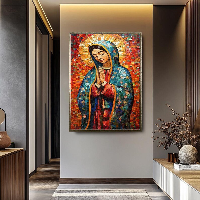 Colorful Virgin Mary Mosaic Wall Art | Mother Mary Religious Decor | Catholic Spiritual Artwork for Prayer Spaces | Virgin Mary Wall Decor image 2