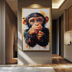 Bunter Schimpanse Kunstdruck auf Leinwand, lebhafter abstrakter Affe Leinwanddruck, verspieltes Tierporträt für ein modernes Wohndekor