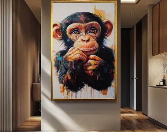 Kleurrijke chimpansee canvas muurkunst print, levendige abstracte aap canvas print, speels dierenportret voor modern interieur