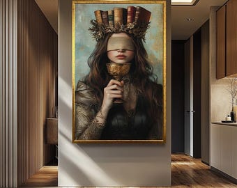 Dark Gothic Woman Wall Art, Blindfolded Lady with Book Crown Print, Vintage Fantasy Portrait, Dark Academia Aesthetic Decor, Gothic Painting