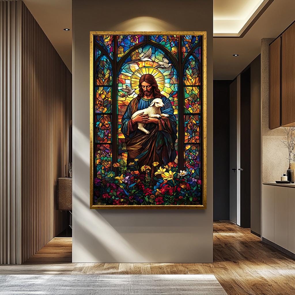 Jesus Christ the Good Shepherd Canvas Print, Stained Glass Style Religious Wall Art, Christian Home Decor, Inspirational Faith Artwork