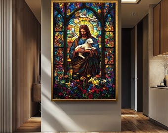 Jesus Christ the Good Shepherd Canvas Print, Stained Glass Style Religious Wall Art, Christian Home Decor, Inspirational Faith Artwork