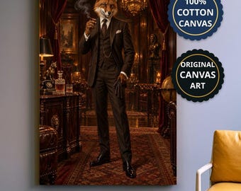 Zigarre rauchender Gentleman-Fuchs auf Leinwand, anthropomorphe Kunst, Vintage-Noir-Dekoration für die Hausbar