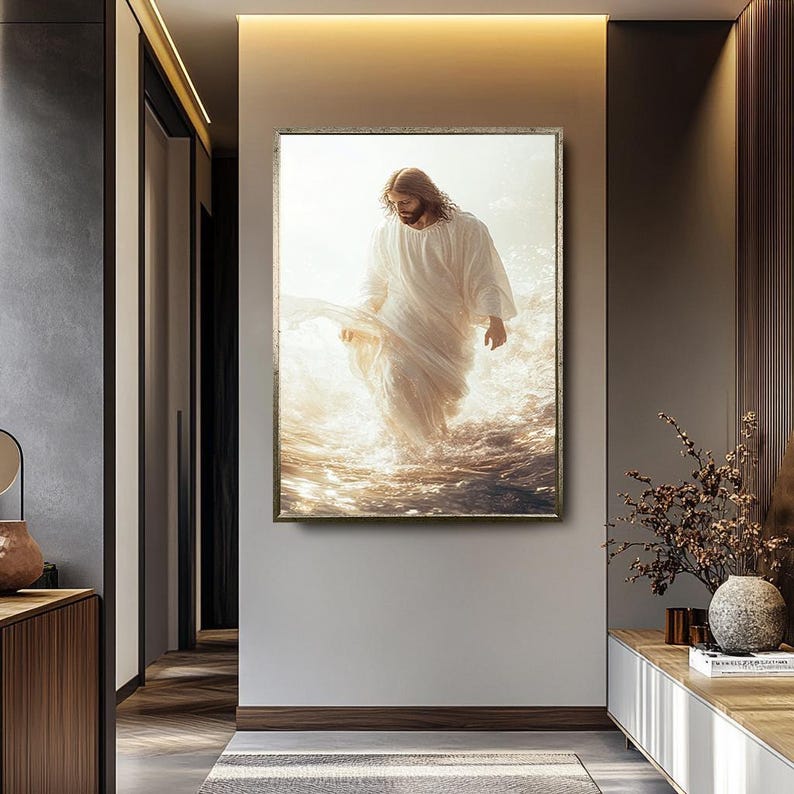 Jesus Walking on Water Canvas Wall Art White and Gold Christian Decor ...