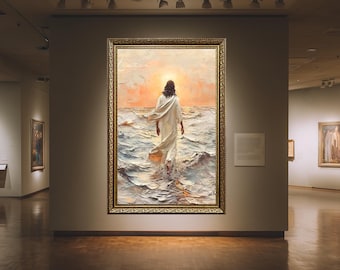 Jesus Walking on Water Canvas Print: Sunset Religious Wall Art