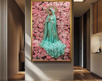 Virgin Mary Wall Art | Elegant Mother Mary Surrounded by Pink Roses - Religious Catholic Decor and Inspirational Gift for Home