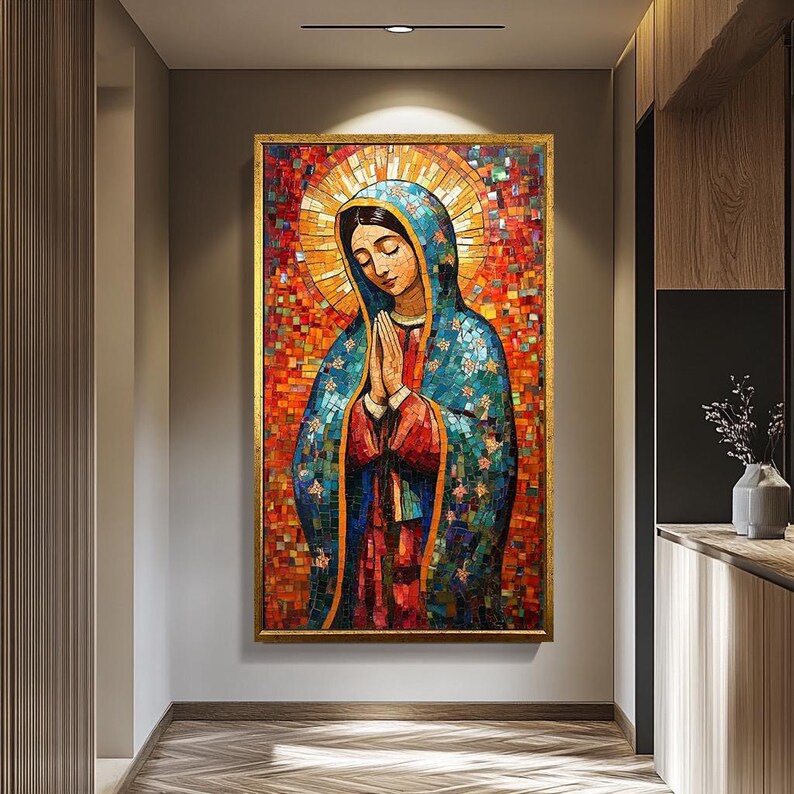 Colorful Virgin Mary Mosaic Wall Art | Mother Mary Religious Decor | Catholic Spiritual Artwork for Prayer Spaces | Virgin Mary Wall Decor image 4