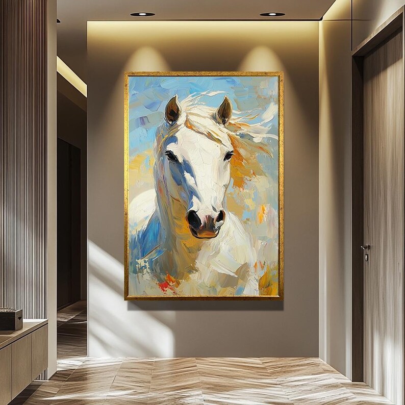 White Horse Oil Painting on Canvas - Elegant Animal Portrait Art for ...