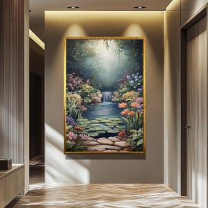 Serene Waterfall Canvas Print Peaceful Garden Pond with Lily Pads and Flowers Tranquil Nature Landscape Wall Art Calming Home Decor image 6