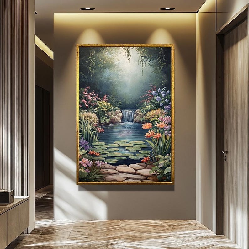 Serene Waterfall Canvas Print Peaceful Garden Pond with Lily Pads and Flowers Tranquil Nature Landscape Wall Art Calming Home Decor image 6