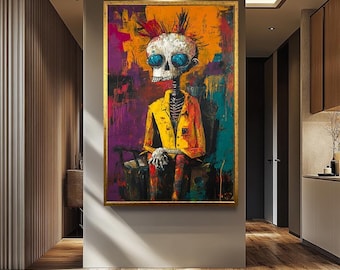 Colorful Skeleton Punk Oil Painting on Canvas - Edgy Abstract Skull Art with Bright Expressionist Style for Modern Alternative Wall Decor