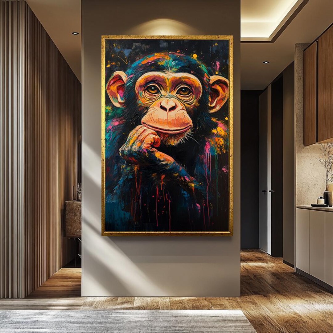 鮮やかなチンパンジーのキャンバスウォールアートプリント、カラフルな