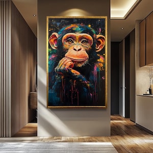 Vibrant Chimpanzee Canvas Wall Art Print, Colorful Abstract Monkey Portrait Painting, Fun Animal Pop Art for Modern Home Decor
