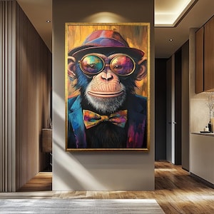 Colorful Surreal Monkey Portrait Canvas Wall Art  Funky Chimpanzee in Hat, Glasses and Bow Tie for Modern Pop Art Decor