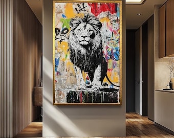 Majestic Lion Canvas Painting: Bold Graffiti Wall Art