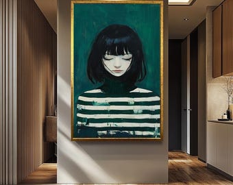 Framed Minimalist Portrait of Woman with Black Hair in Striped Sweater, Moody Green Wall Art for Modern or Boho Home Decor