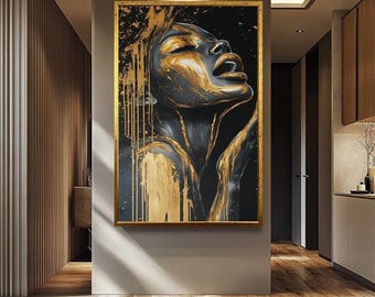 Art mural abstrait féminin - Toile dorée et noire - Décoration d'intérieur féminine moderne | Toile moderne de luxe | Décoration murale femme