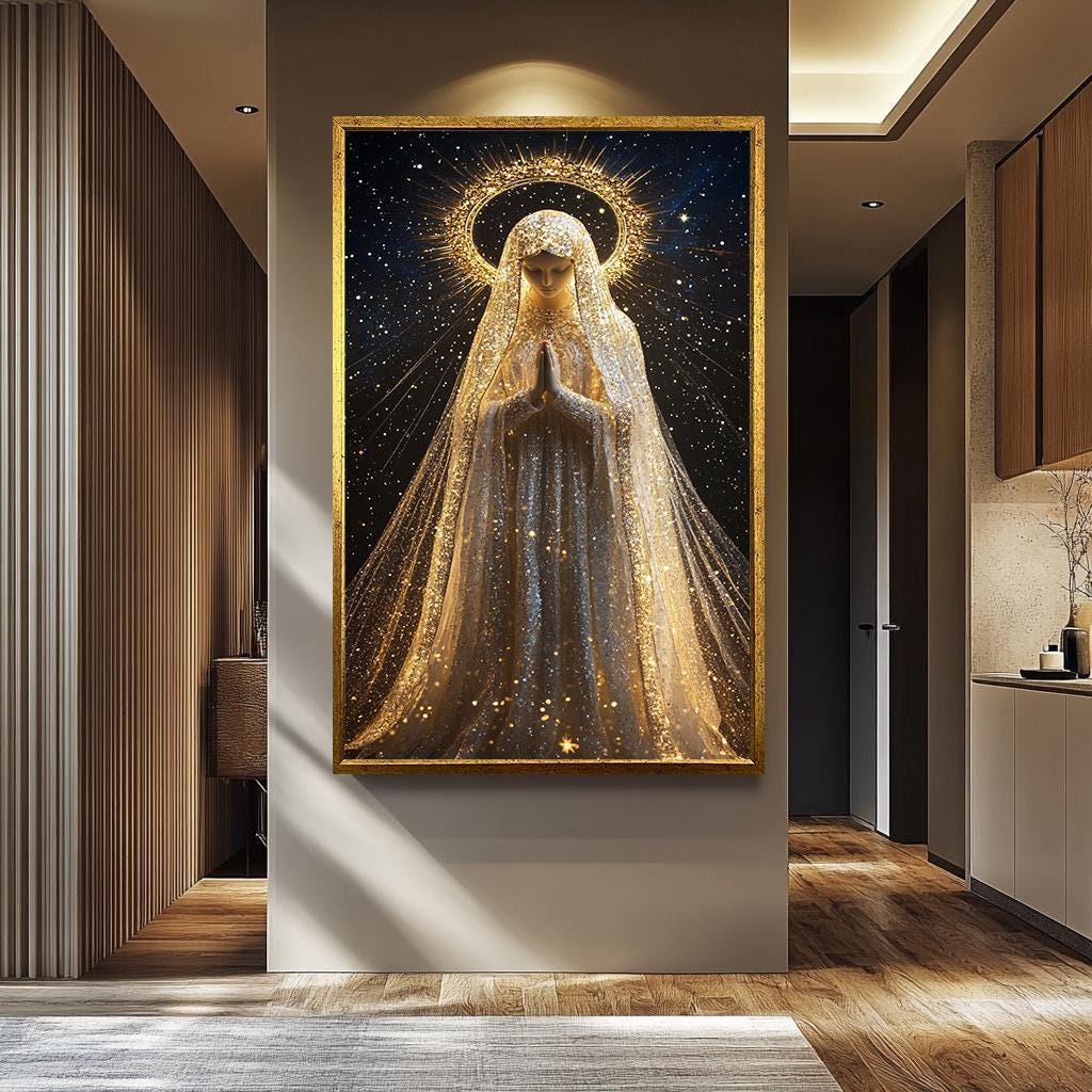 Virgin Mary Wall Art | Mother Mary with Starry Halo | Religious Home Decor | Spiritual Religious Canvas for Home or Prayer Space