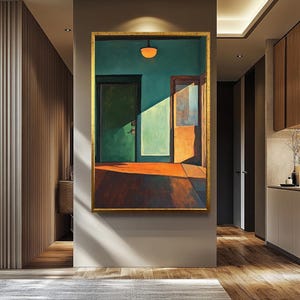 Quadro em tela no estilo de Edward Hopper, retratando um interior ensolarado com porta aberta e sombras melancólicas, ideal para decoração minimalista moderna.
