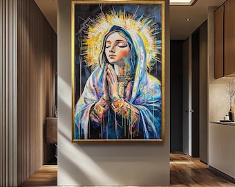 Arte mural abstracto de la Virgen María - Impresión moderna en lienzo de la Virgen María - Decoración religiosa católica - Regalo cristiano inspirador / Arte de la Virgen María