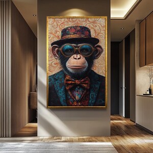 Surreal Monkey Portrait Canvas Wall Art  Dapper Chimp in Glasses and Floral Suit for Whimsical Eclectic Decor and Animal Lover Gifts
