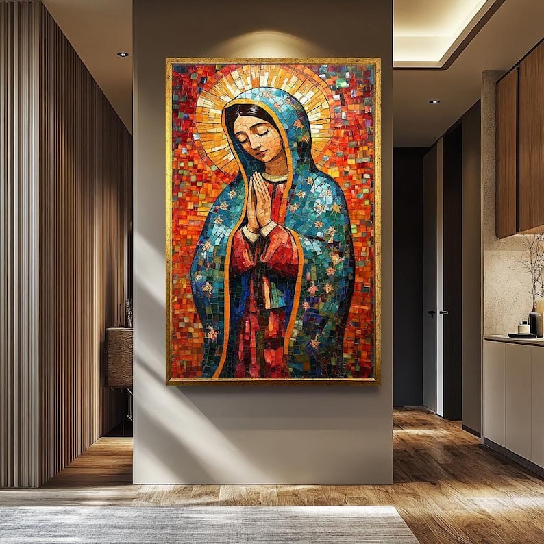 Colorful Virgin Mary Mosaic Wall Art | Mother Mary Religious Decor | Catholic Spiritual Artwork for Prayer Spaces | Virgin Mary Wall Decor image 1