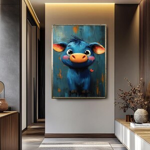 Arte de pared colorido de vaca azul / Obra de arte en lienzo de animales divertida y juguetona / Decoración caprichosa para la habitación o guardería de los niños / Regalo para amantes de los animales