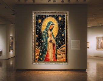 Impression sur toile Notre-Dame de Guadalupe : halo doré, art marial catholique